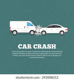 Car crash accident poster with two damaged autos flat vector illustration
