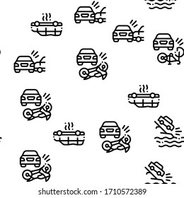 Car Crash Accident Seamless Pattern Vector Thin Line. Illustrations