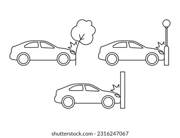 Autounfall, Verkehrsunfall, Linie Art Icon Set. Kollision mit einem Hindernisbaum, Laterne, Wand. Frontalaufprall. Vektorgrafik