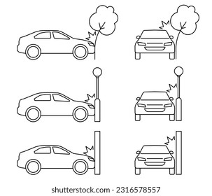 Autounfall, Verkehrsunfall, Linie Art Icon Set. Kollision mit einem Hindernisbaum, Laterne, Wand. Frontalaufprall. Vektorgrafik