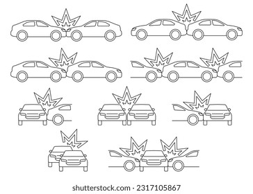 Autounfall, Verkehrsunfall, Linie Art Icon Set. Kollision von Seite, Frontal und Rücken. Fahrzeug kaputt. Vektorgrafik