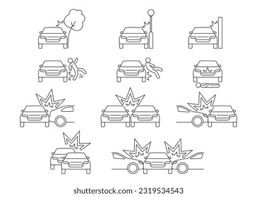 Car crash, accident of transport, line art icon set. Collision with an obstacle tree, lantern, wall, person. Knock down pedestrian. Frontal and back collision. Vector outline illustration