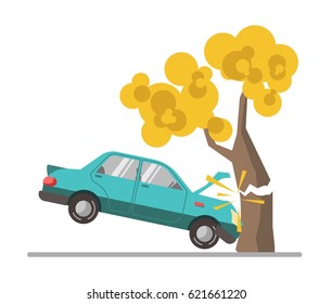 Car crash accident in tree flat vector illustration