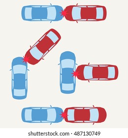 Car Crash And Accidents Icon Set, Top View. Vector Illustration.