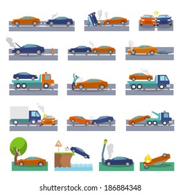Car crash and accidents icons set with collision fire flood insurance events vector illustration