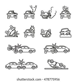 car crash and accidents icons set. thin line style.