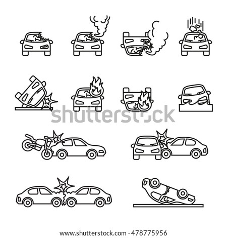 car crash and accidents icons set. thin line style.