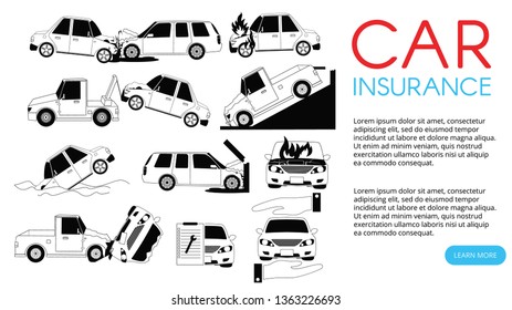 Car crash and accidents on the road icons set outline concept.