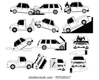 Car crash and accidents on the road icons set outline concept.