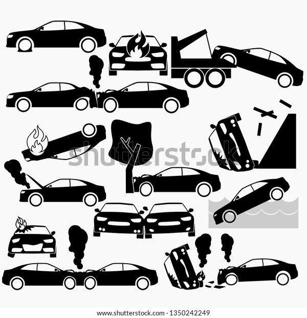 Car crash and accidents on silhouette icons set.\
Flat vector.