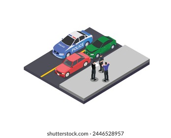 Car crash or Auto accident involving two cars on a city street isometric 3d vector illustration
