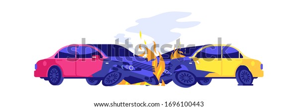 Car\
crash. Automobiles in fire. Isolated damaged transport, broken\
autos. Cartoon road accident vector\
illustration