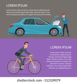 Car crash, buying a bike. Cartoon poster vector illustration. Banners for your web design in business style. Template for your text. Business characters set.