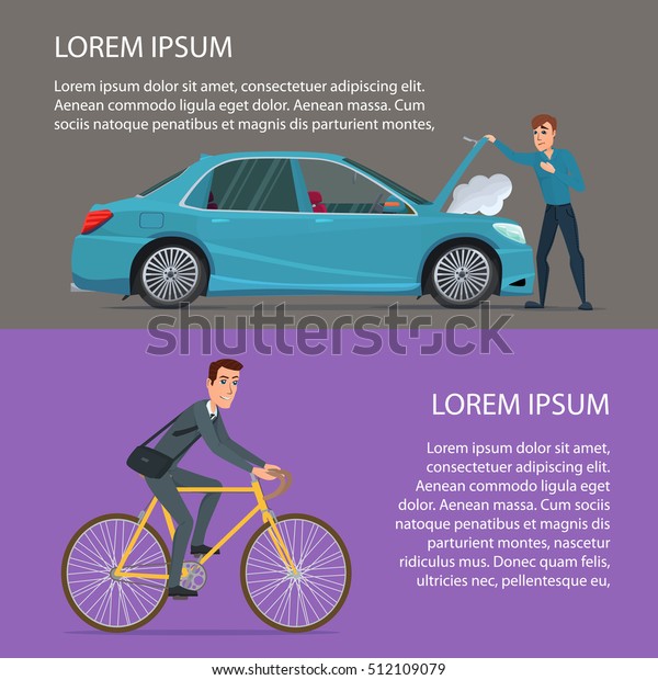 Car crash, buying a bike.\
Cartoon poster vector illustration. Banners for your web design in\
business style. Template for your text. Business characters\
set.