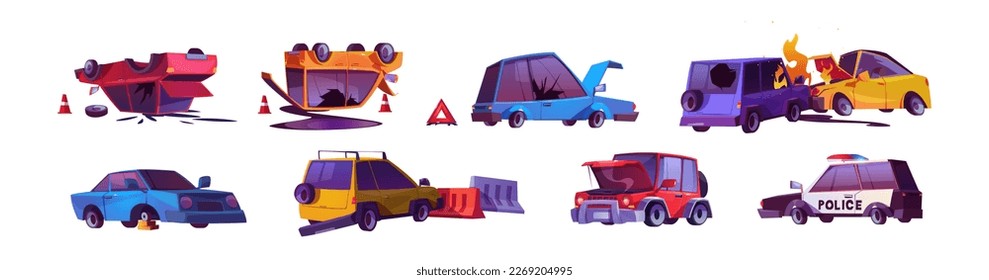 Car crash cartoon scene set. Vehicle accident, riots and disturbances icon. Insurance for damage auto and collision crush collection. Police automobile clipart illustration. Smash and fire incident.