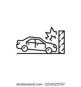 Car crash, collision or damage line icon. Car collision on road thin line vector icon. Drunk driving and safety pictogram, automobile damage, traffic rules violation symbol with car crashing in wall