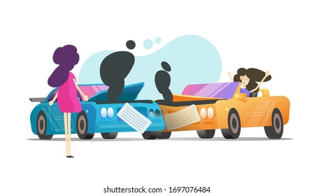 colisión de choques de Camión y dos casos de mujeres que argumentan accidente vectorial o de vehículos con la escena de la gente y automóviles rotos ilustración plana de caricatura, mujer disputada y diseño automotriz moderno aislado