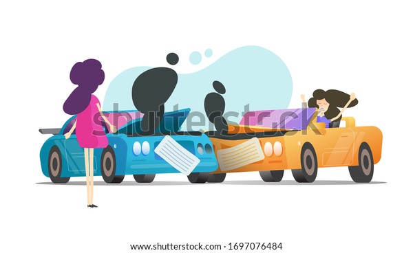 Car crash collision and two arguing women vector\
or vehicles accident with people scene and broken automobiles flat\
cartoon illustration, disputing lady girl and broken auto modern\
design isolated