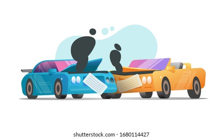 Vektorillustration zum Aufprall von Autos oder zwei Unfallszenarien mit defekten Automobile mit flachem Cartoon-Stil, Illustration oder defektem, modernem Automobildesign einzeln auf weißem Hintergrund