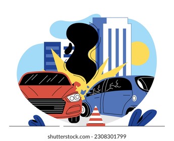 Car crash concept. Red and blue automobiles collided on road, incident. Two car accident, vehicle collision. Highway and city road with crashed transport. Cartoon flat vector illustration