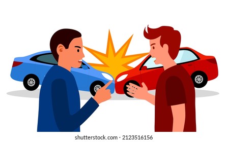Car crash concept vector illustration. Drivers arguing after road traffic accident  in flat design on white background.
