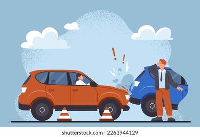 Car crash concept. Woman in red vehicle drove into mans blue hatchback. Road accident on urban streets, smashed transport on highway. Repair insurance. Cartoon flat vector illustration