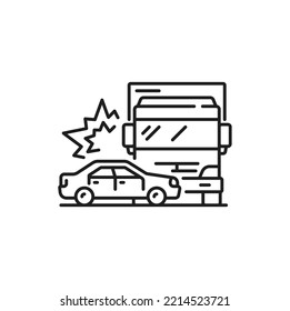 Car crash, damage or accident line icon. Automobile driving safety and insurance thin line symbol. Car collision, traffic violation outline vector pictogram with truck crushing in passenger car