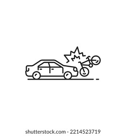 Icono de línea delgada de choque de coche, daño o accidente. Colisión de vehículos simple pictograma vectorial, símbolo de la línea delgada de la seguridad del vehículo o daño del automóvil en señal de choque de carretera con choque de coche en bicicleta