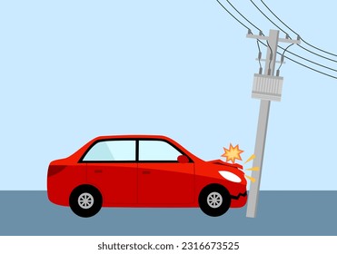 Car crash with electric pole in flat design. Car accident.