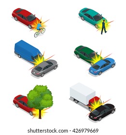 Car crash. Car crash emergency disaster. Different variants of cars accidents. Flat 3d vector isometric illustration.