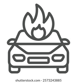 Car crash with fire line icon, insurance event concept. Vector graphics. Automobile vehicle in flames sign on white background, outline style icon for mobile or web design