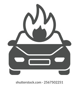 Car crash with fire solid icon, insurance event concept. Vector graphics. Automobile vehicle in flames sign on white background, glyph style icon for mobile or web design