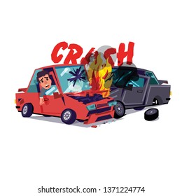 Car crash with fire - vector illustration