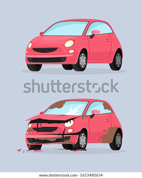 Car crash\
flat vector illustration. Traffic accident, front collision\
consequence, vehicle damage. Automobile bumper deformation, broken\
transport, machines isolated on blue\
background