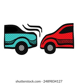 Car crash halftone icon hand drawn color vector illustration