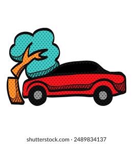 Car crash halftone icon hand drawn color vector illustration