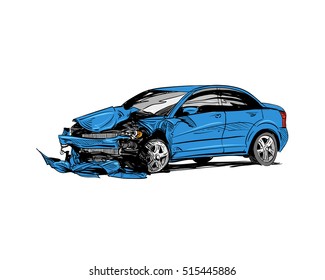 Car Crash Hand Drawn Illustration. Auto Accident Sketch, Vector Design