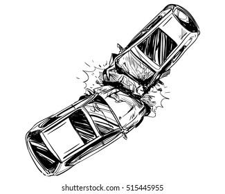 Car Crash Hand Drawn Illustration. Auto Accident Sketch, Vector Design