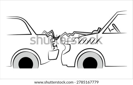 Car crash, head-on collision, damaged vehicles, auto accident line art