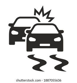 Car Crash Icon. Car Accident On Slippery Road. Icy Road. Road May Be Slippery. Vector Icon Isolated On White Background.