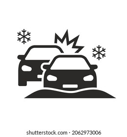 Car Crash Icon. Car Accident On A Snowy Road. Car Accident In Winter. Vector Icon Isolated On White Background.