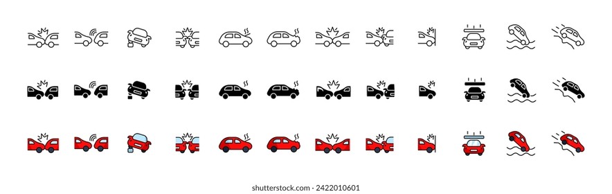 Colección de iconos de choque de coche. Iconos de bloqueo. Lineal, silueta y estilo plano. Iconos del vector