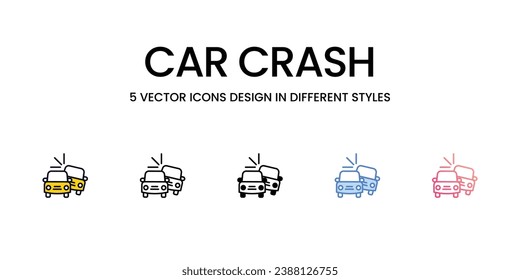 Car Crash Icon Design in Five style with Editable Stroke. Line, Solid, Flat Line, Duo Tone Color, and Color Gradient Line. Suitable for Web Page, Mobile App, UI, UX and GUI design.