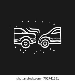Car crash icon in doodle sketch lines. Automotive accident incident insurance claim