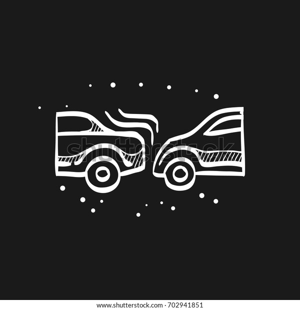 Car crash icon in doodle sketch lines.\
Automotive accident incident insurance\
claim