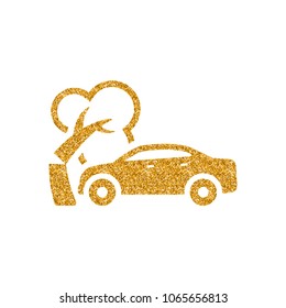 Car crash icon in gold glitter texture. Sparkle luxury style vector illustration.