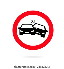 Car crash icon. No overtaking sign. Prohibition and attention sign.  Restriction and caution symbol. Flat design. Vector Illustration.