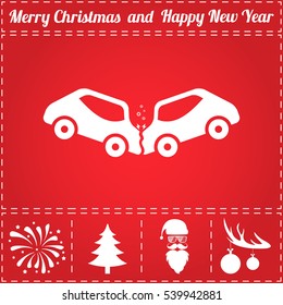 Car Crash Icon Vector. And Bonus Symbol For New Year - Santa Claus, Christmas Tree, Firework, Balls On Deer Antlers