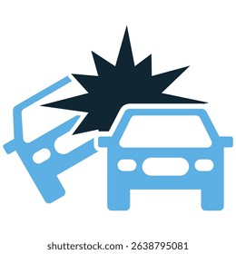 Car crash icon vector depicting vehicle collision and accident. Ideal for safety warnings, insurance claims, emergency services, and road hazard illustrations.