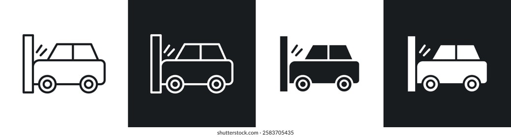 Car crash icons collection in black and white filled and line versions